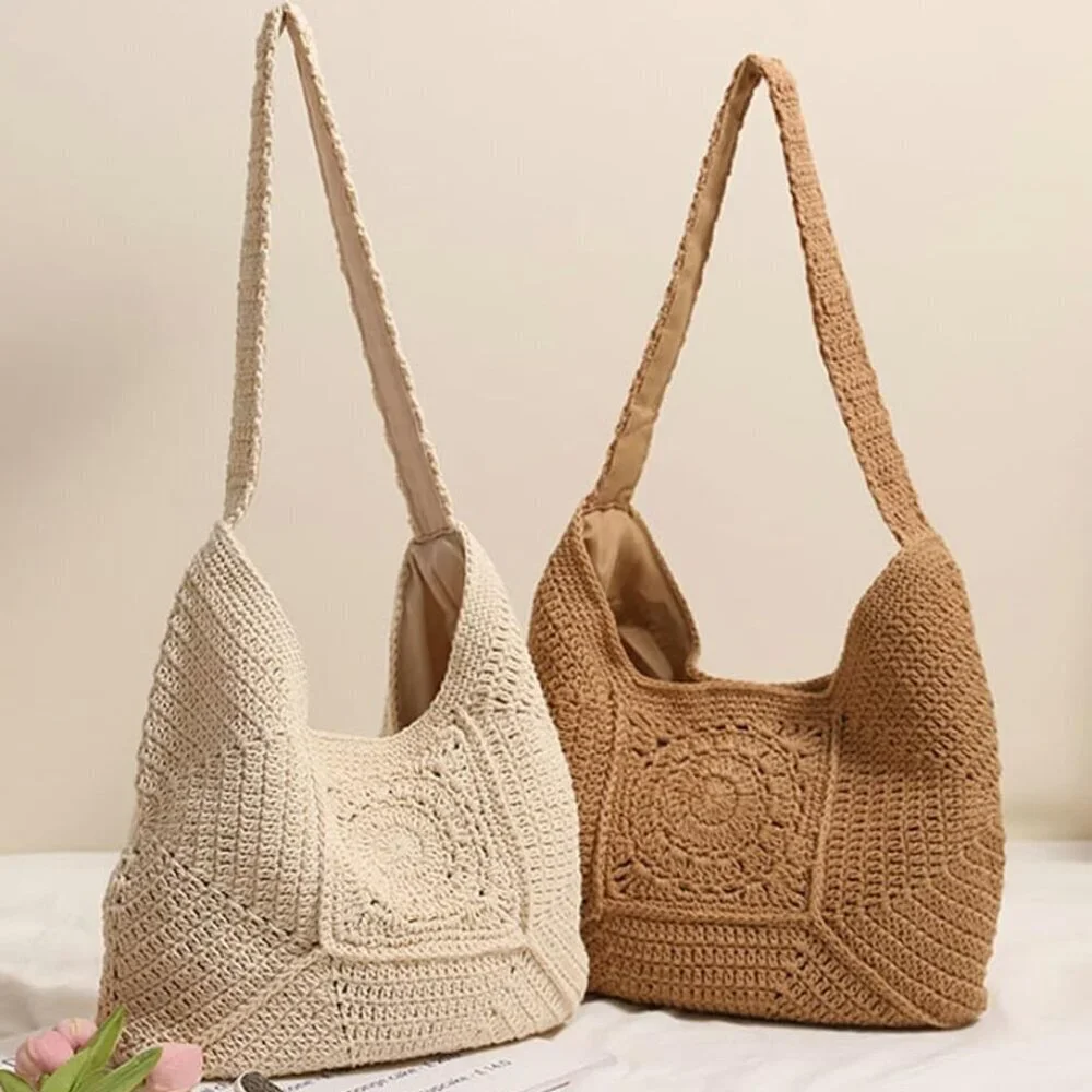 Women Straw Beach Bag Cotton Woven Tote Casual Summer Handbag Shoulder